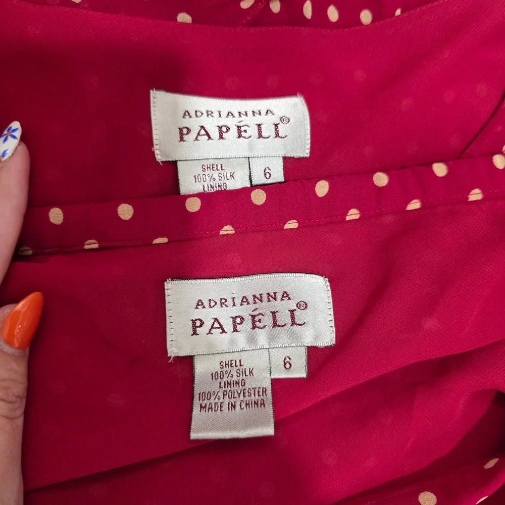 Adrianna Papell 2 Pc Silk Skirt Set Size 6 Burgundy Polka Dot Occasion